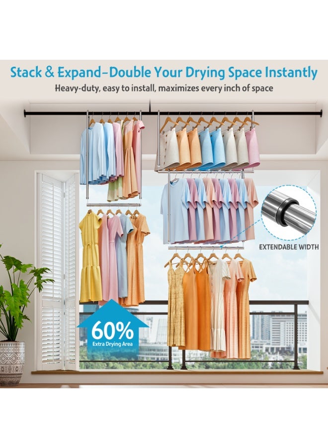 Solerconm Extendable Clothes Rail Pole, 3 Heights Adjustable Closet Rod for Hanging Clothes, Wardrobe Rail Length 20.6-36 inch Height 24.4-37 inch, Closets Bar Hanging Poles for Wardrobe Laundry Balcony - Image 3